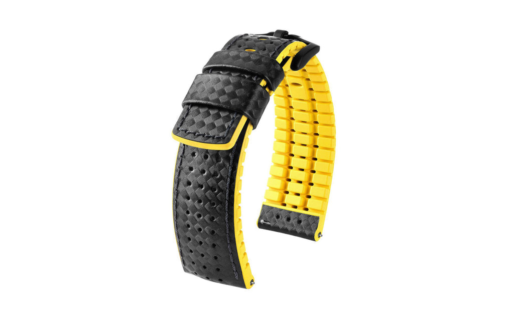 Ayrton by HIRSCH - Black & Yellow Carbon Fiber Style Calfskin Performance Watch Strap