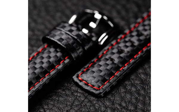 Carbon by HIRSCH - Men's Black & Red Stitch Carbon Fiber Embossed Leather Watch Strap
