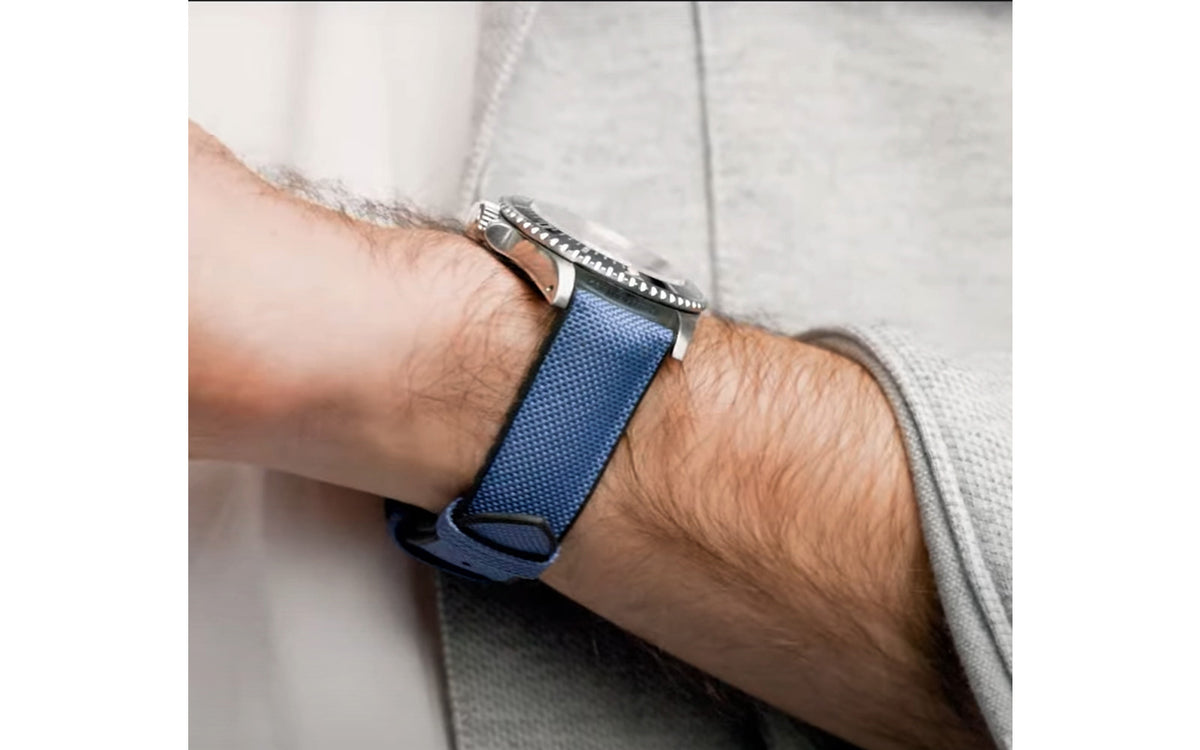 Arne by HIRSCH - SHORT Blue Sailcloth Effect Performance Watch Strap