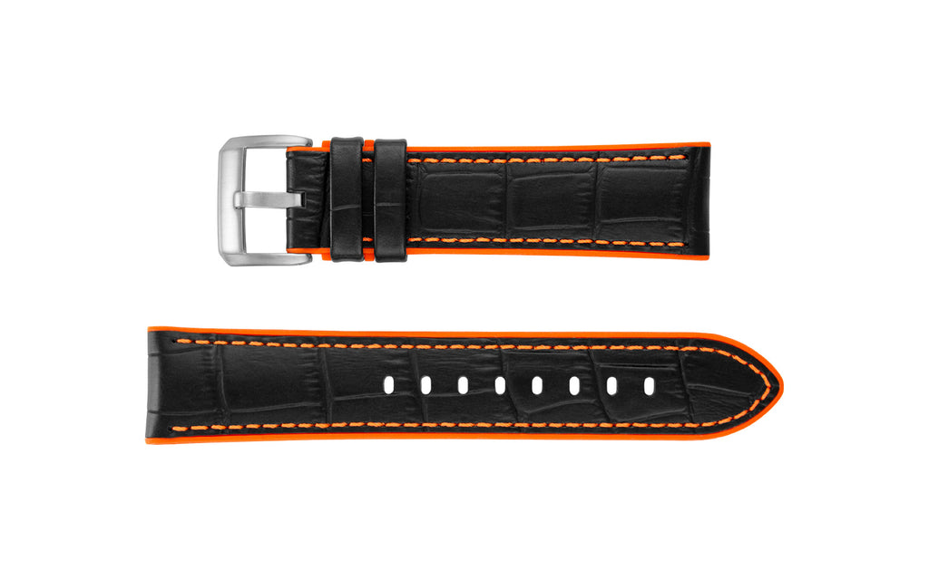 AWB Men's Black Leather & Orange Silicone Sport Watch Strap