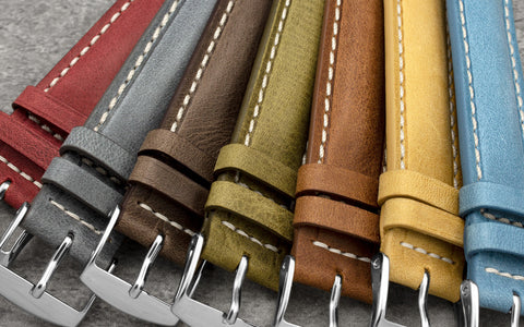 Fleurus France - Men's Steel Ecru Stitch Soft Vintage Leather Watch Strap