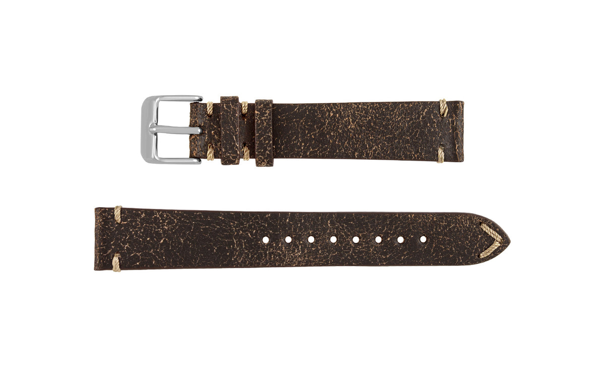 Fleurus France - Men&#39;s Espresso Distressed Ecru Stitch Vintage Leather Watch Strap