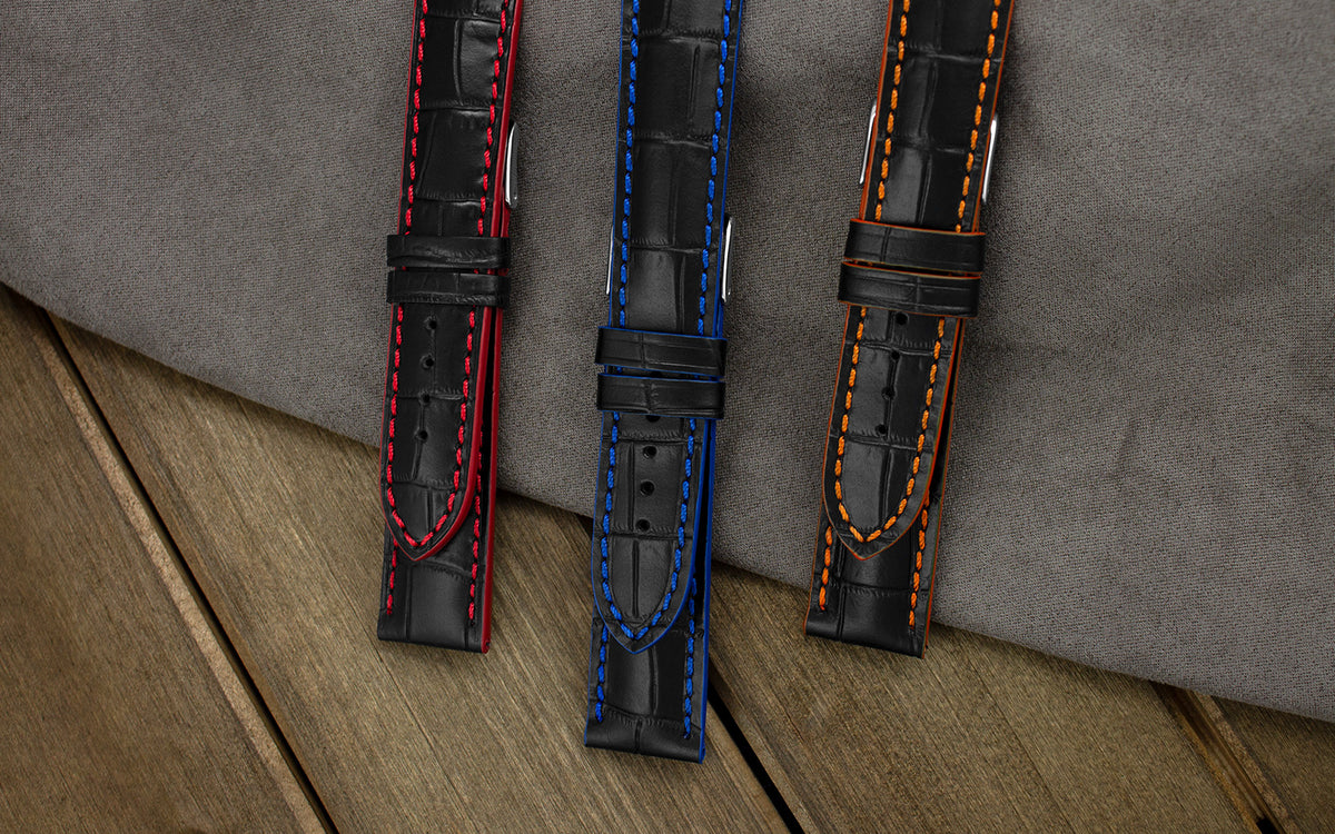 Fleurus France - Men&#39;s Black &amp; Orange Alligator Grain Leather Watch Strap