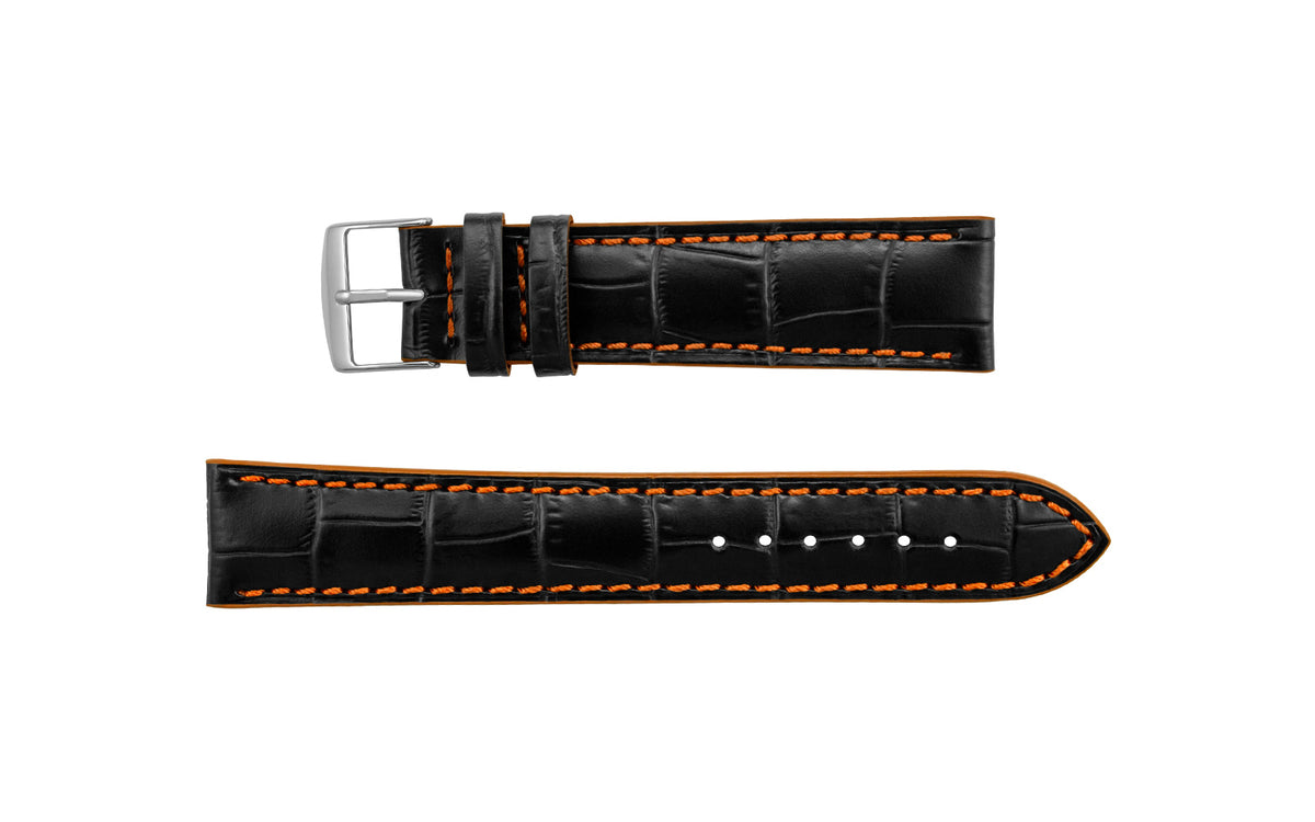 Fleurus France - Men&#39;s Black &amp; Orange Alligator Grain Leather Watch Strap