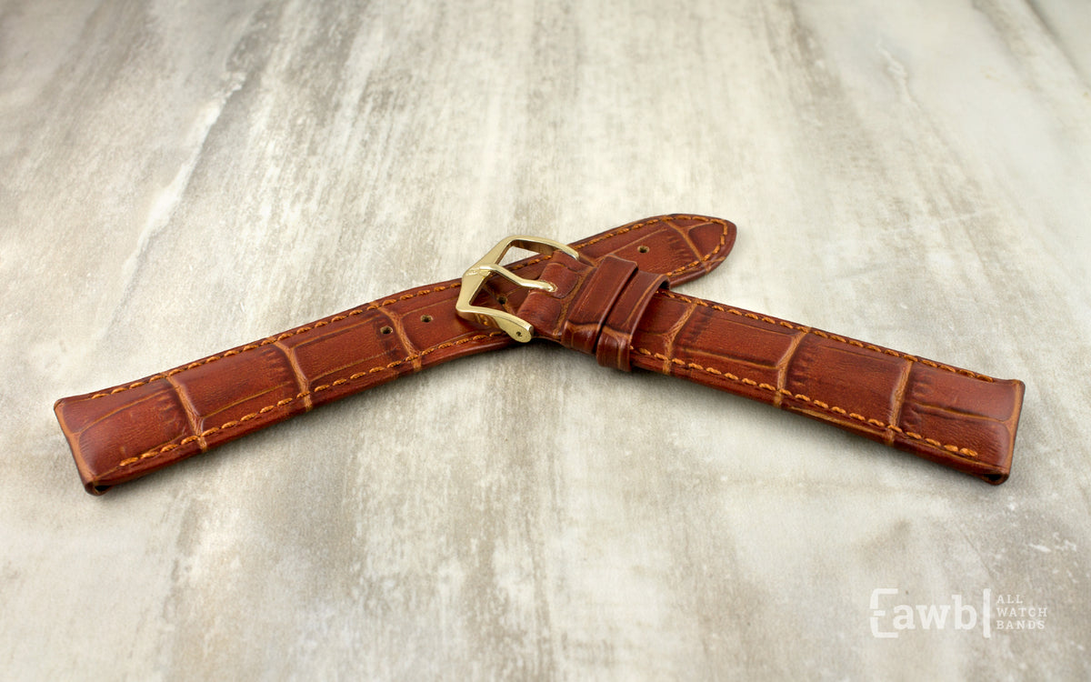 Duke by HIRSCH - Men&#39;s LONG Golden Brown Alligator Grain Leather Watch Strap