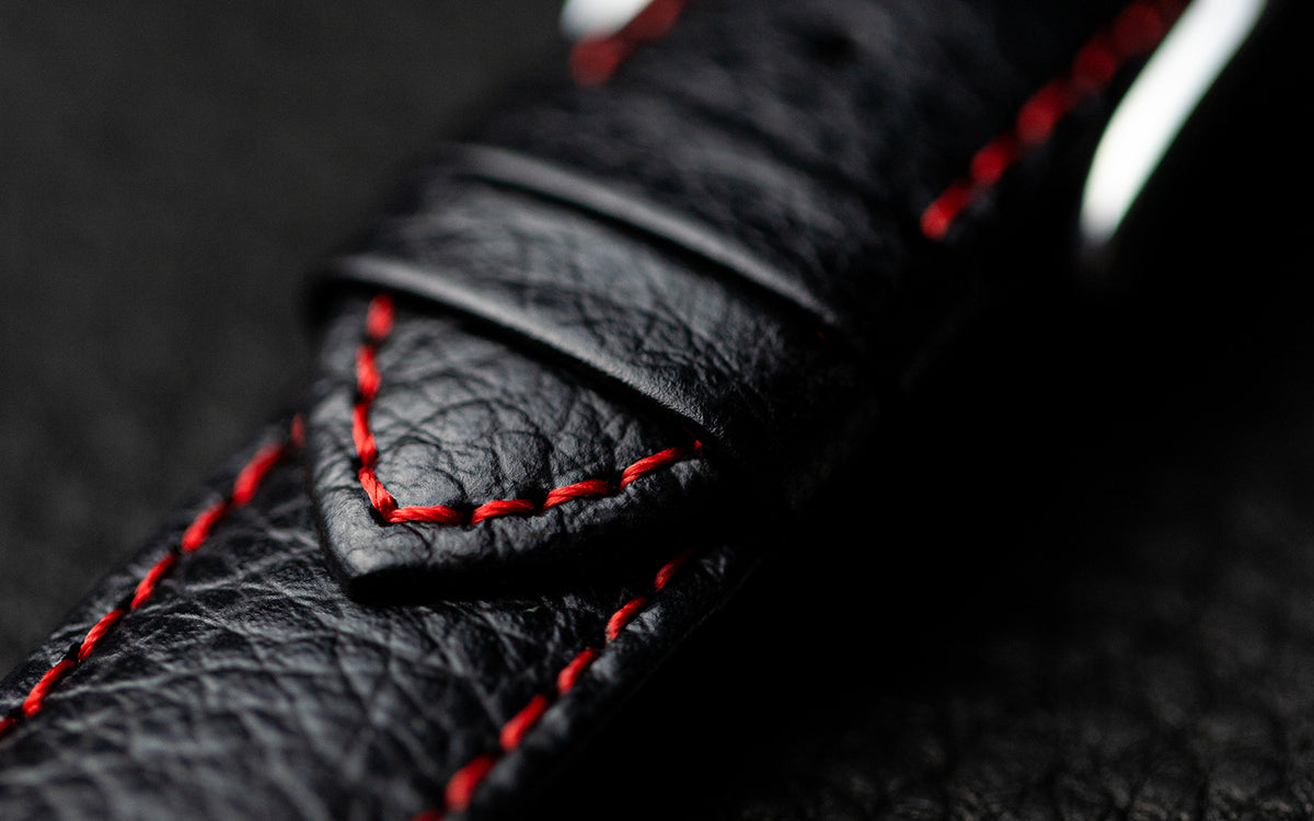 Kansas by HIRSCH - Men&#39;s Black &amp; Red Buffalo Embossed Calfskin Leather Watch Strap