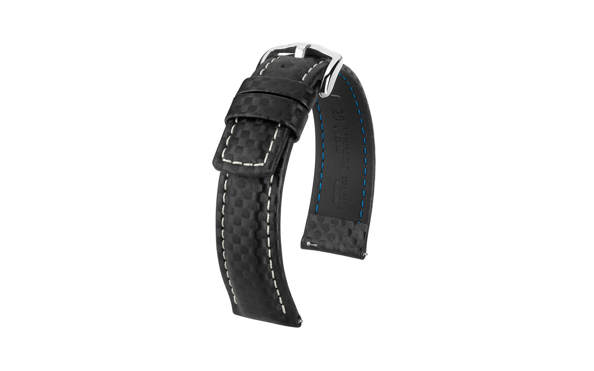 Carbon by HIRSCH - Men&#39;s LONG Black Carbon Fiber Embossed Leather Watch Strap
