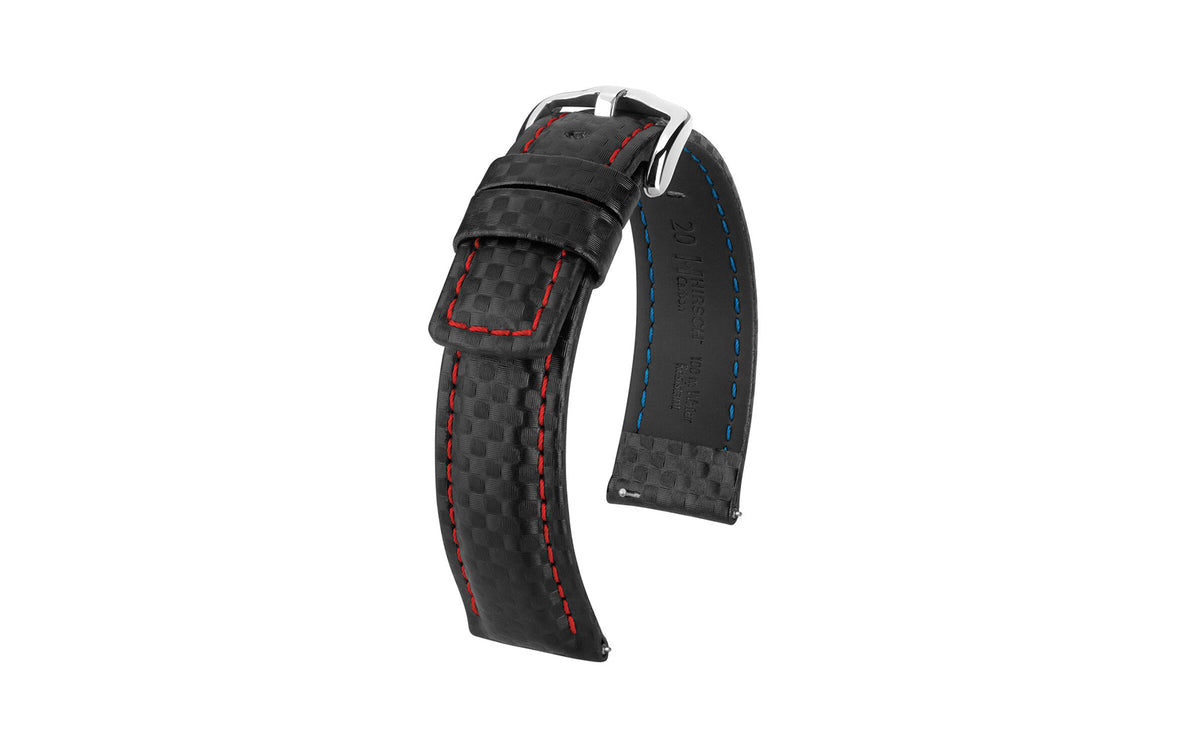 Carbon by HIRSCH - Men&#39;s Black &amp; Red Stitch Carbon Fiber Embossed Leather Watch Strap