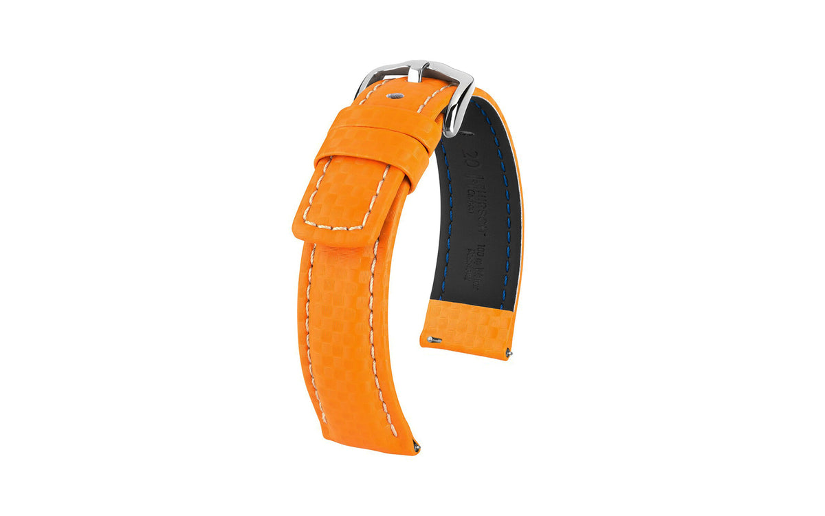 Carbon by HIRSCH - Men&#39;s Orange Carbon Fiber Embossed Leather Watch Strap
