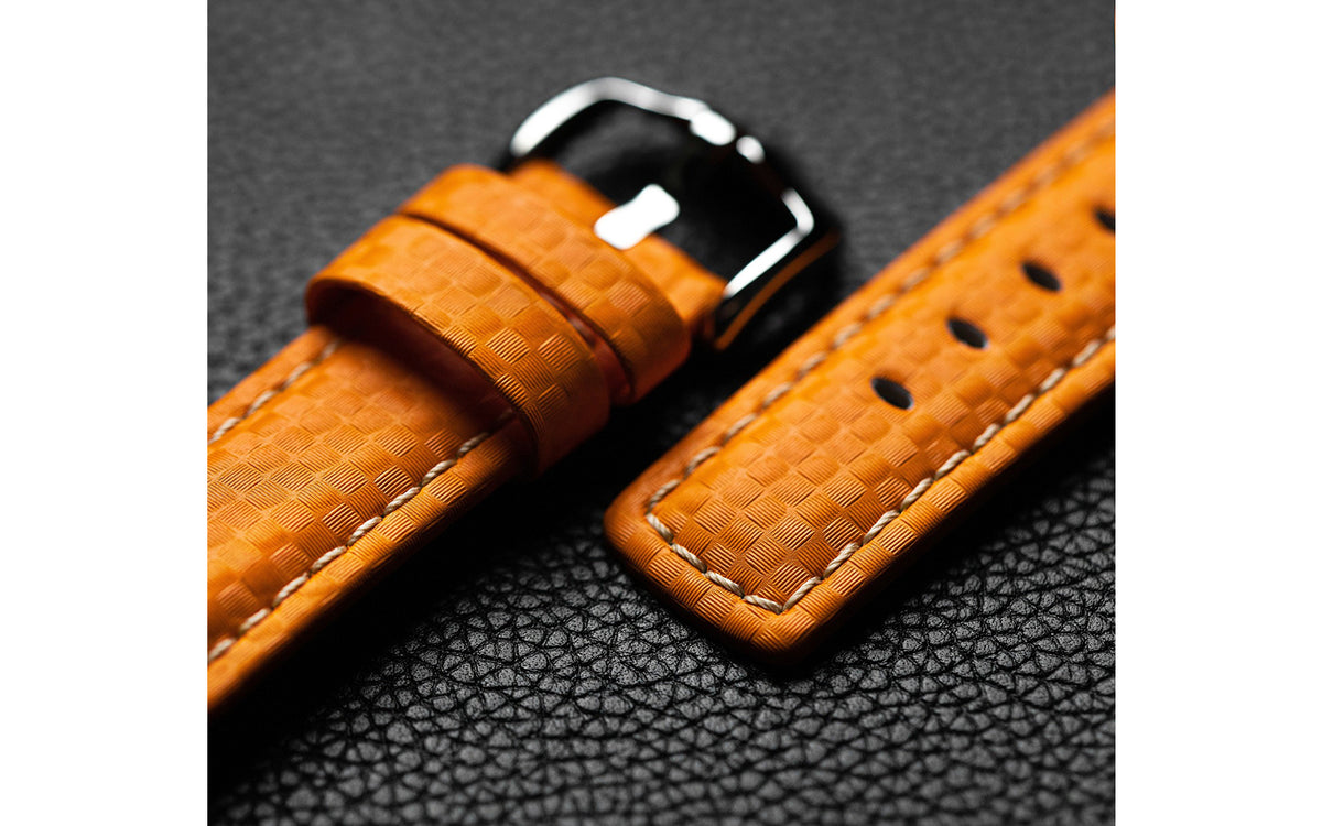 Carbon by HIRSCH - Men&#39;s Orange Carbon Fiber Embossed Leather Watch Strap