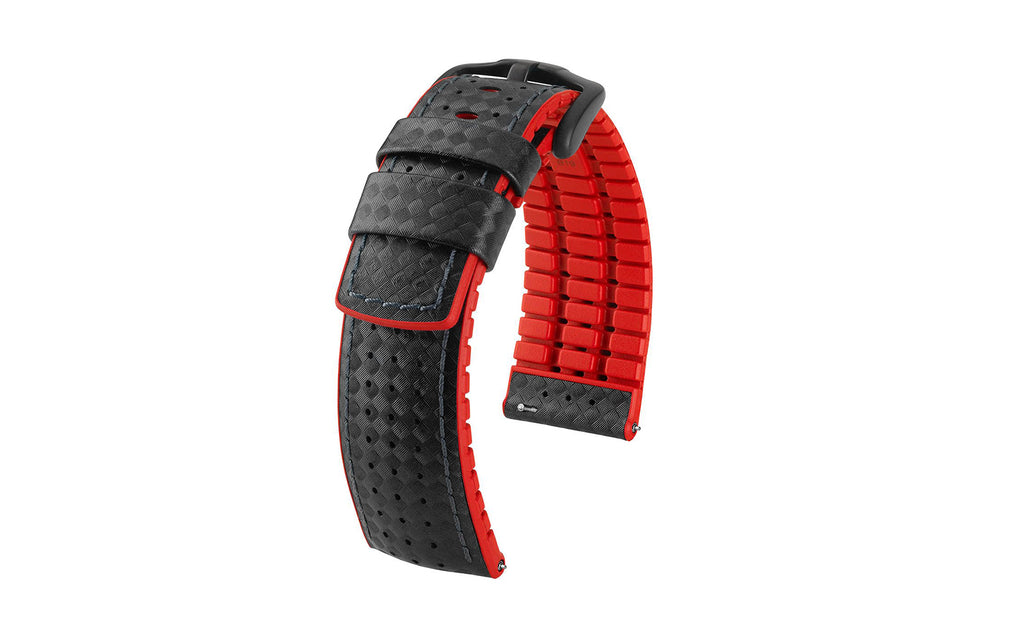 Ayrton by HIRSCH - Black & Red Carbon Fiber Style Calfskin Performance Watch Strap