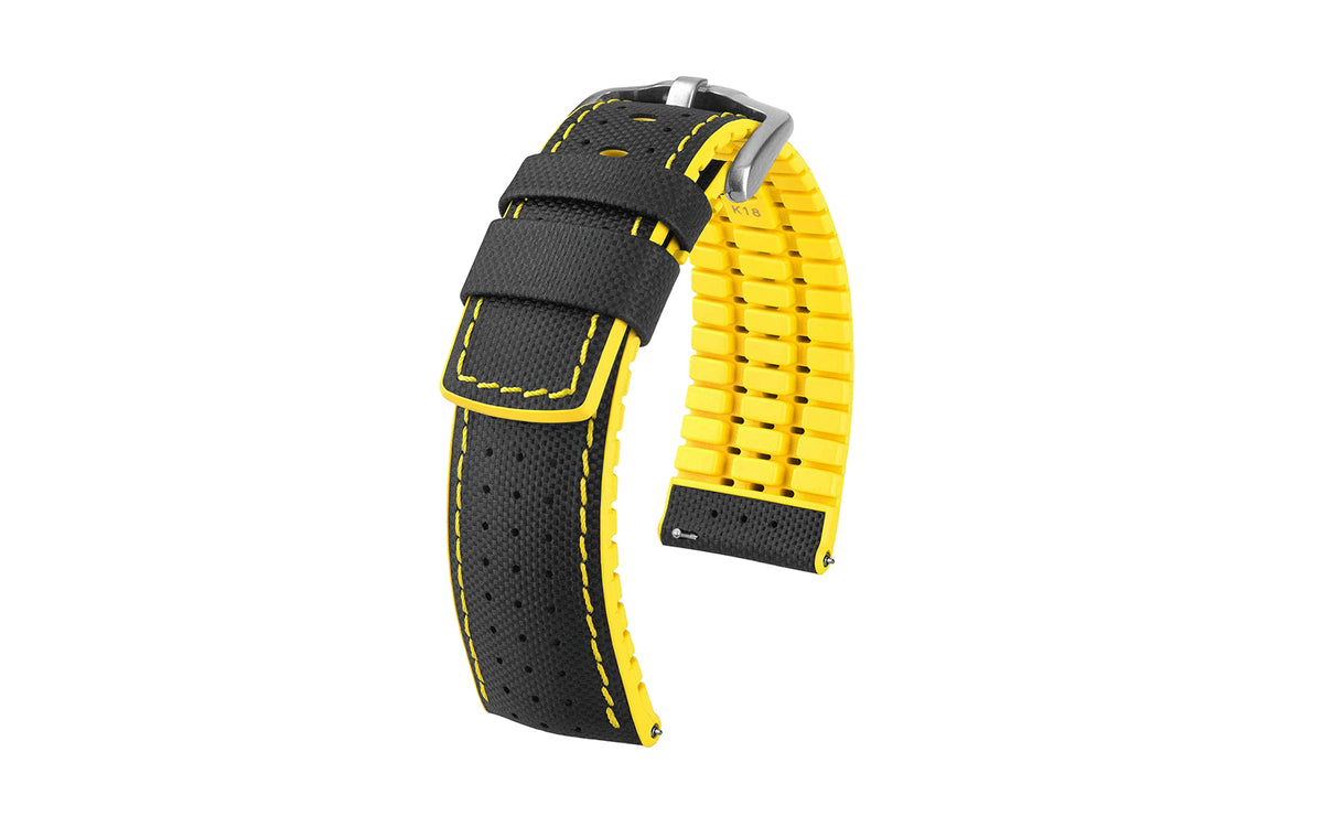 Robby by HIRSCH - Black &amp; Yellow Sailcloth Style Calfskin Performance Watch Strap