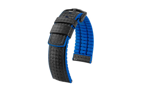 Ayrton by HIRSCH - Black & Blue Carbon Fiber Style Calfskin Performance Watch Strap