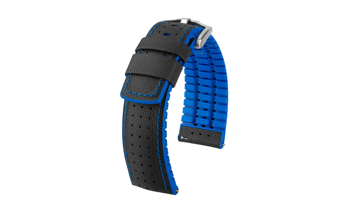 Robby by HIRSCH - Black &amp; Blue Sailcloth Style Calfskin Performance Watch Strap