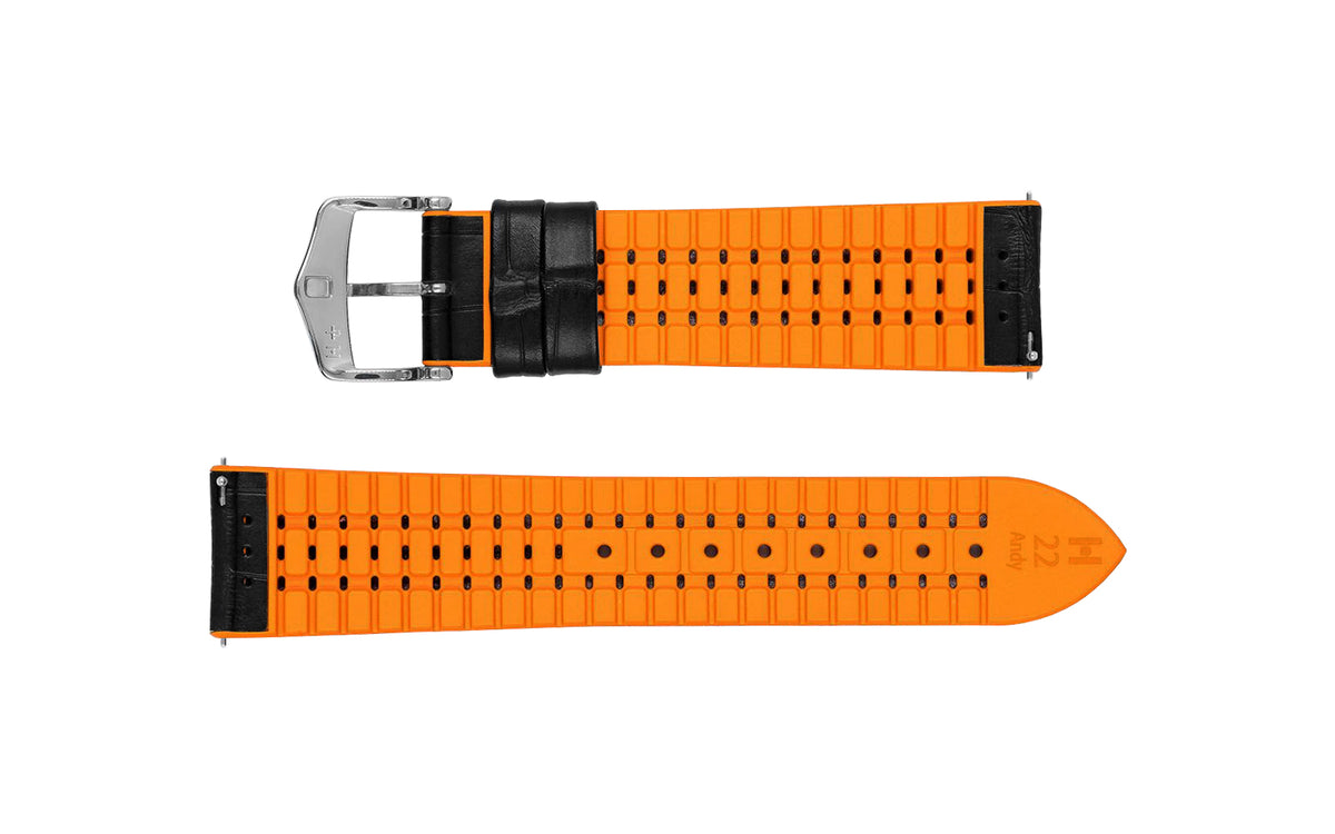 Andy by HIRSCH - Black &amp; Orange Alligator Embossed Calfskin Performance Watch Strap