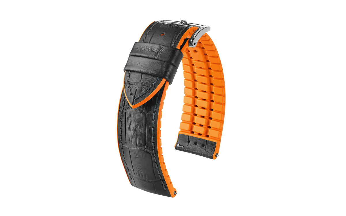 Andy by HIRSCH - Black &amp; Orange Alligator Embossed Calfskin Performance Watch Strap