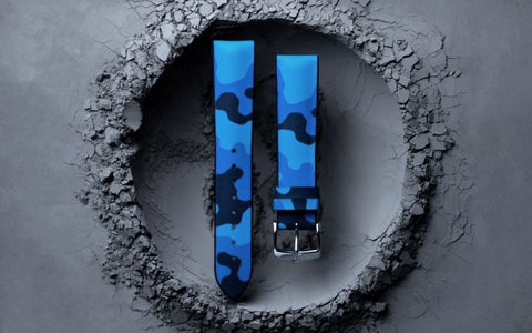 John by HIRSCH - Blue Camouflage Natural Caoutchouc Rubber Performance Watch Strap