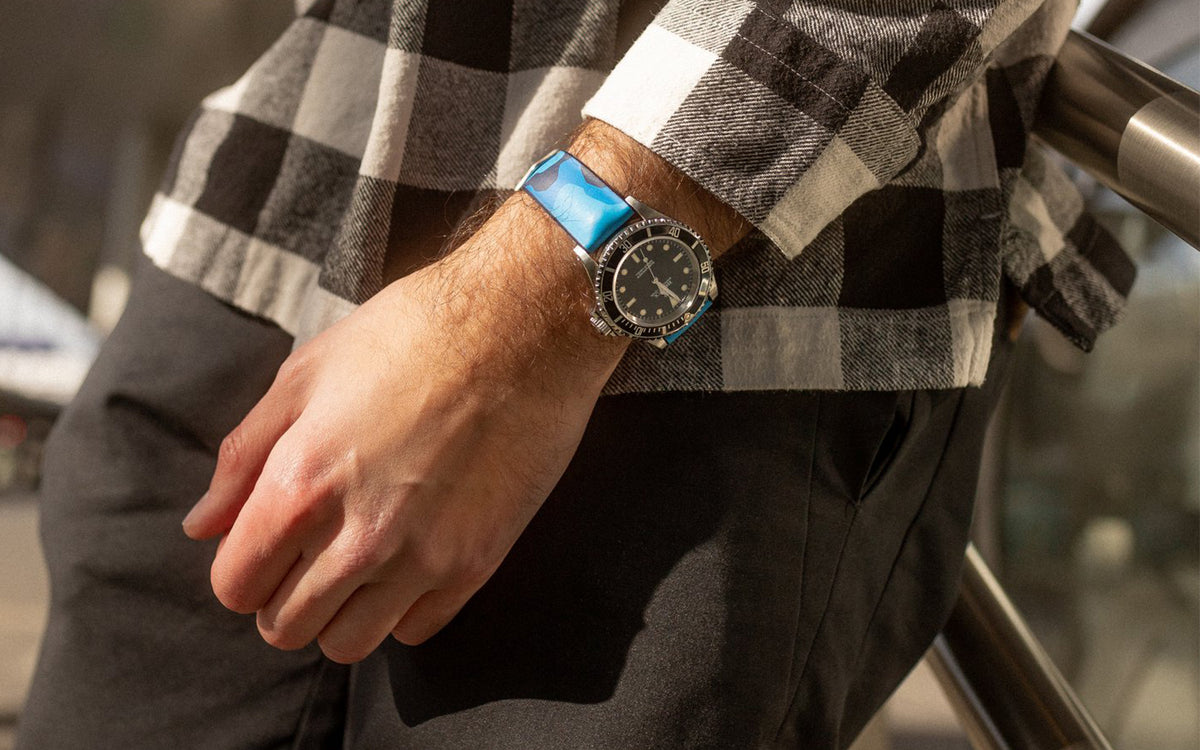 John by HIRSCH - Blue Camouflage Natural Caoutchouc Rubber Performance Watch Strap