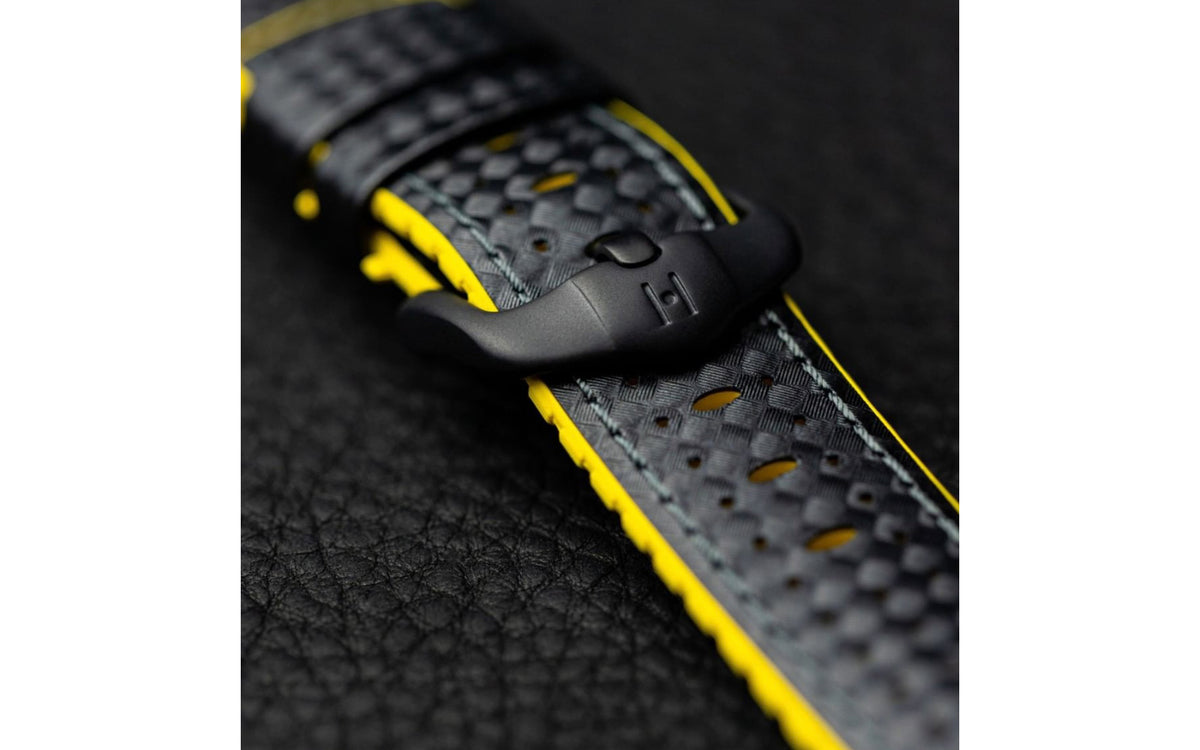 Ayrton by HIRSCH - Black &amp; Yellow Carbon Fiber Style Calfskin Performance Watch Strap