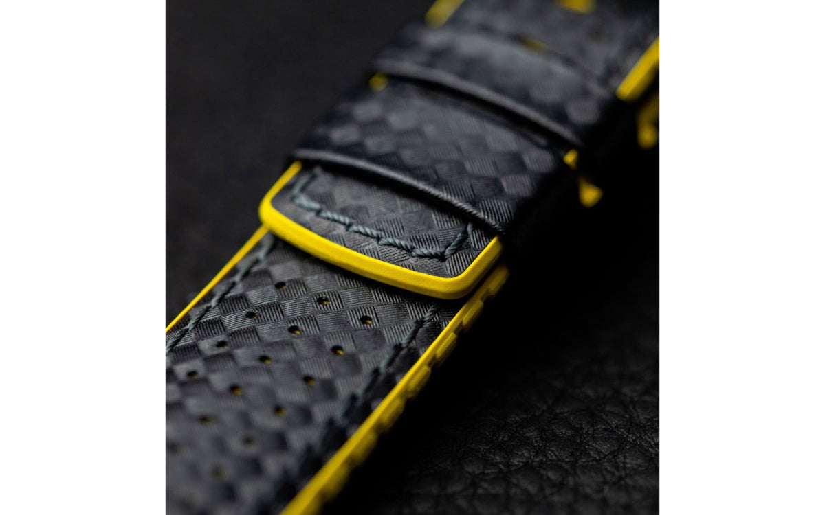 Ayrton by HIRSCH - Black &amp; Yellow Carbon Fiber Style Calfskin Performance Watch Strap