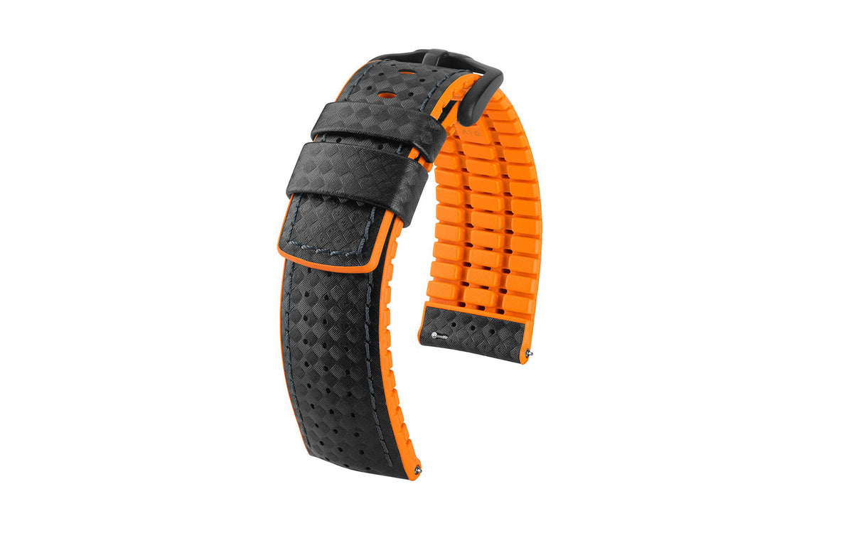 Ayrton by HIRSCH - Black &amp; Orange Carbon Fiber Style Calfskin Performance Watch Strap