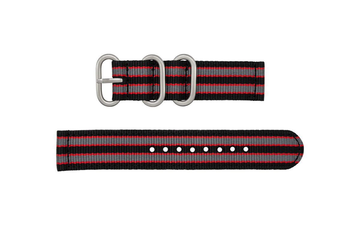 Green Elastic Woven Nylon Strap with Red Stripe, Brushed Finish