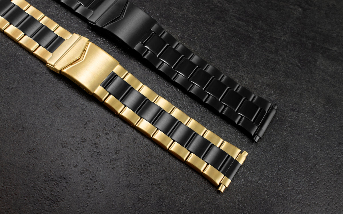 Hadley-Roma Men&#39;s Yellow &amp; Black Wide Metal Link Bracelet Watch Band