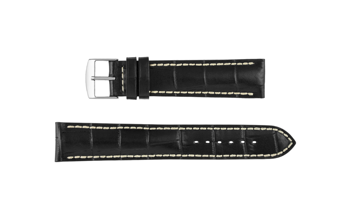 Fleurus France - Men&#39;s Black Ecru Stitch Alligator Grain Leather Watch Strap