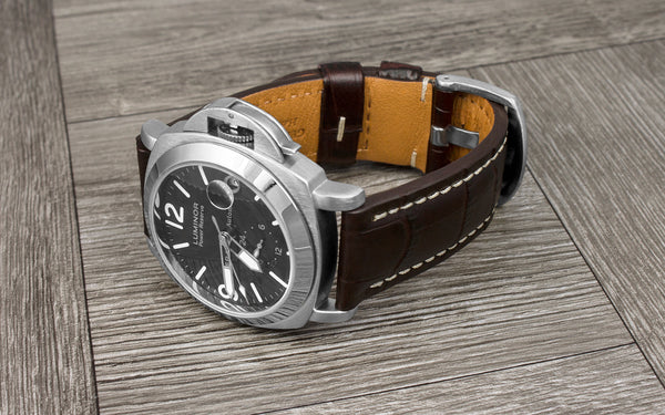 Men s Brown Panerai Style Alligator Grain Calfskin Leather Watch