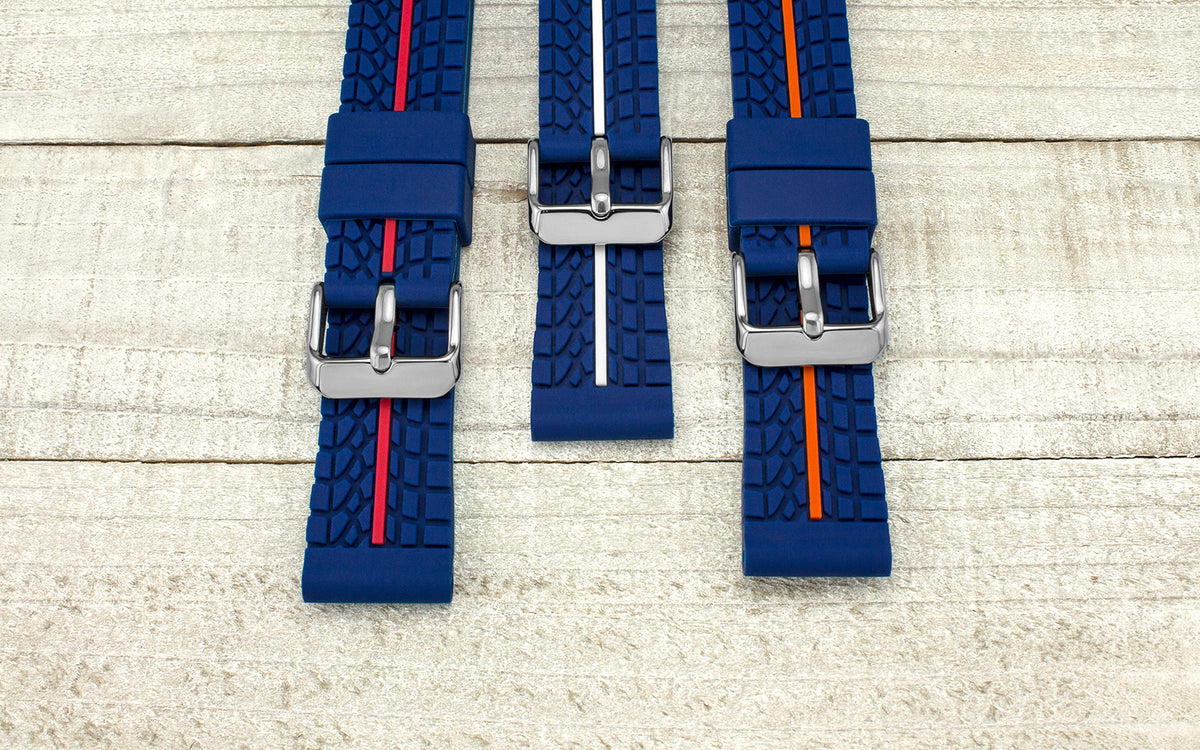 Hadley-Roma Men&#39;s Blue &amp; White Tire Tread Silicone Diver Watch Band